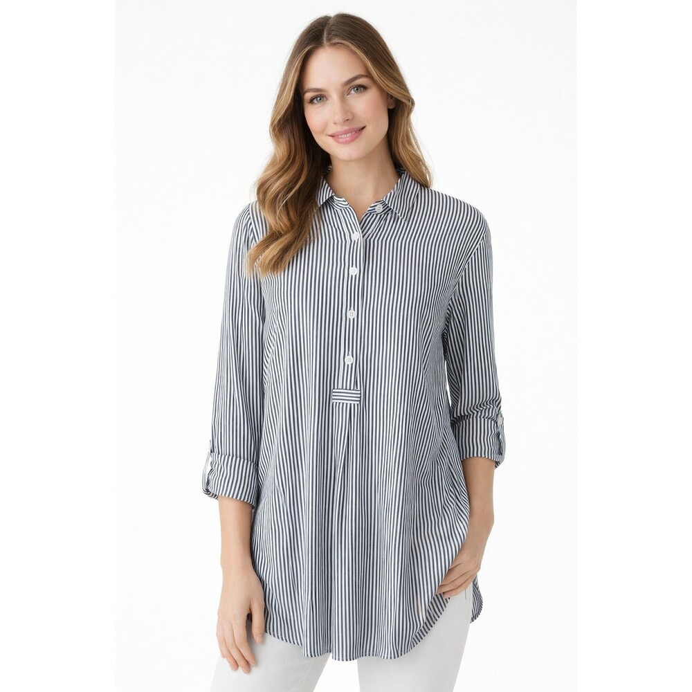 J. Jill Black White Striped Tunic Button Front Blouse Long Sleeve Size L